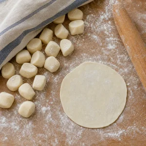 Momo dough pieces with one thin wrapper rolled out