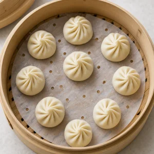 Pleated momos arranged in a lined steamer basket