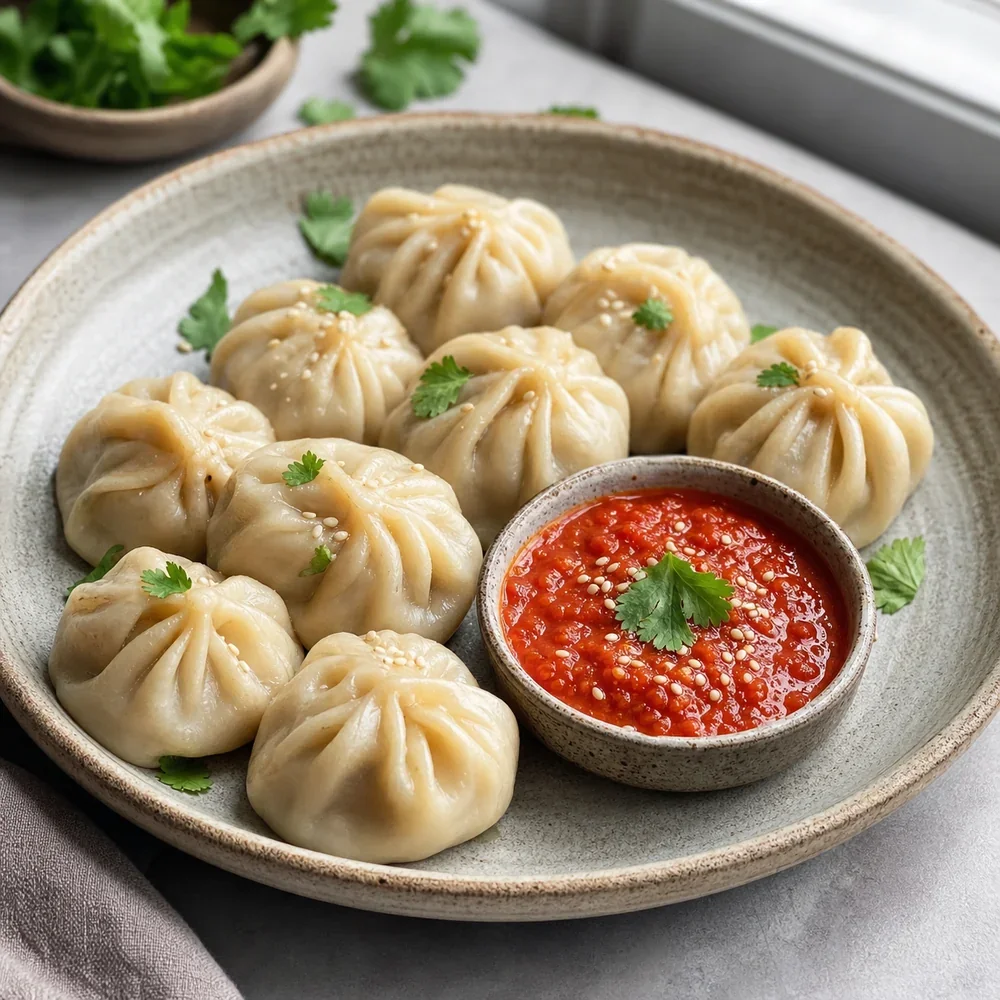 Steamed chicken momos served with tomato chutney