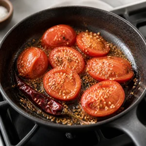 Tomatoes and sesame seeds cooking for chutney