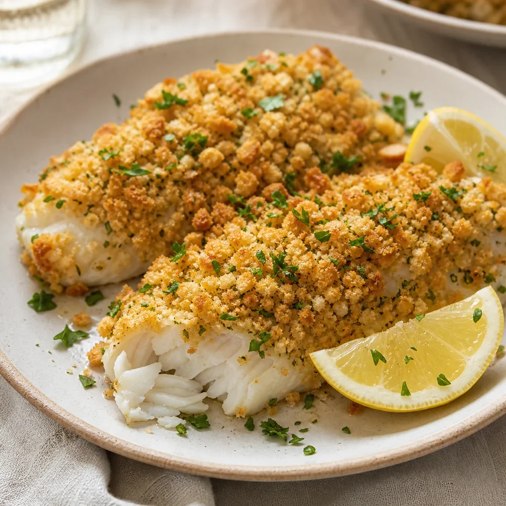 Finished baked haddock with golden cracker crumbs and lemon wedges