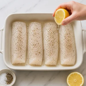 Seasoned haddock fillets with lemon juice and black pepper