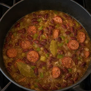 Beans, broth, bay leaves, and sausage beginning to boil