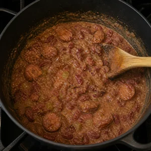 Creamy red beans and sausage thickened in the pot