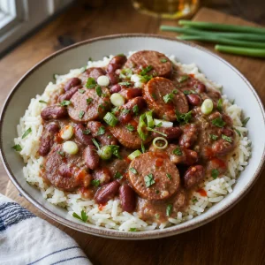 Finished red beans and rice with smoked sausage over white rice