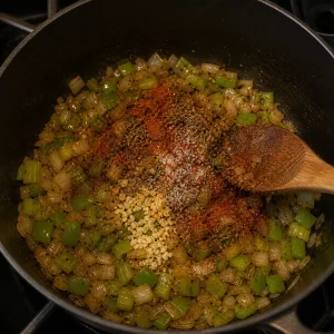Garlic and Cajun spices added to softened vegetables