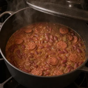 Red beans and sausage simmering with the lid slightly ajar