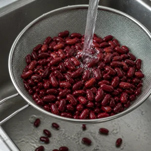 Red kidney beans rinsing in a strainer