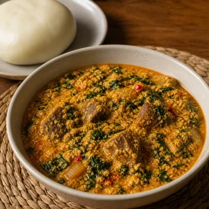 Finished egusi soup with spinach and beef beside pounded yam