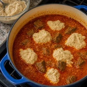 Häufchen Egusi-Paste auf köchelnder Rindfleischsuppe