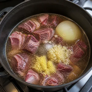 Rohes Rindfleisch köchelt mit Zwiebel, Knoblauch, Ingwer und Brühe