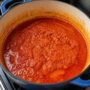 Rote Paprikabasis kocht in Palmöl
