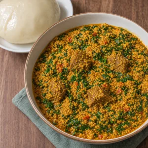 Servierte Egusi-Suppe mit Spinat, Rindfleisch und gestampfter Yamswurzel