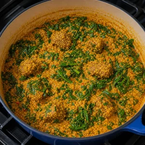Spinat wird unter die dicke Egusi-Suppe gehoben