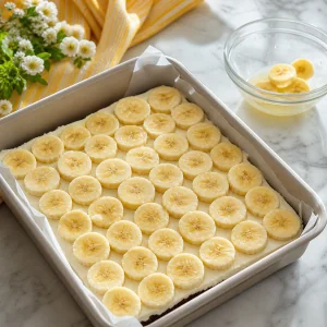 Bananenscheiben in einer Lage auf der Frischkäsecreme