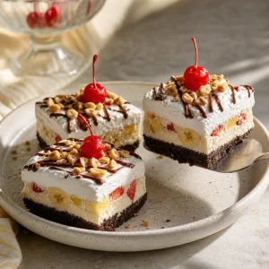 Quadrados de banana split com fruta, chocolate, amendoins e cerejas