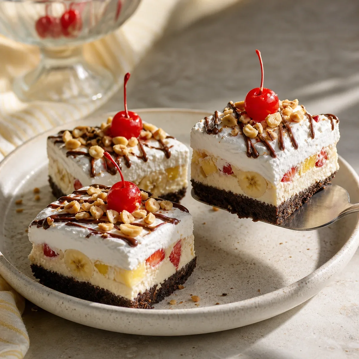 Banana-Split-Schnitten mit Fruchtschichten, Schokolade, Erdnüssen und Kirschen