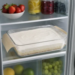 Abgedecktes Banana-Split-Dessert beim Kühlen im Kühlschrank