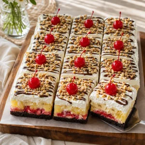 Fertiges Banana-Split-Dessert in zwölf Stücke mit Kirschen geschnitten