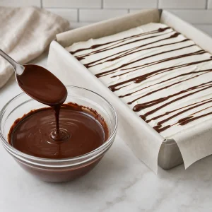 Geschmolzene Schokolade neben dem gekühlten Dessert mit Schokoladenguss