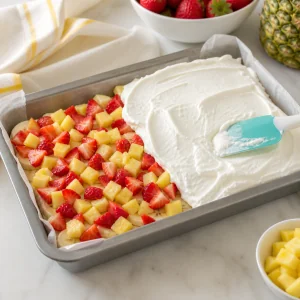 Ananas und Erdbeeren auf Bananen unter einer Schicht Schlagsahne
