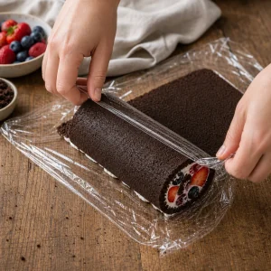 Dark chocolate cookie roll shaped with plastic wrap