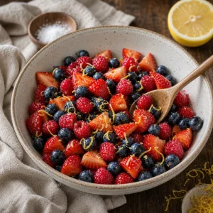 Mixed berries tossed with lemon zest in a bowl