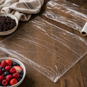 Plastic wrap lined on a rustic work surface