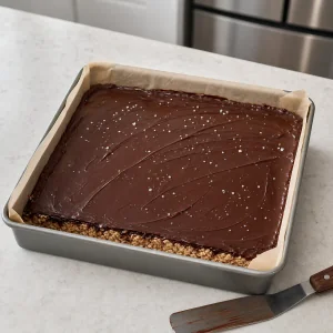 Chocolate topping spread over the oat base