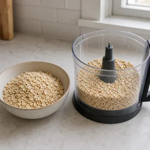 Coarsely chopped oats beside whole rolled oats