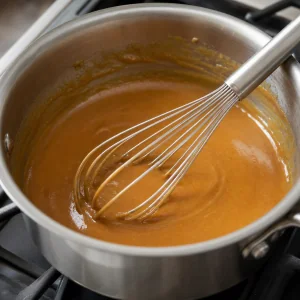 Glossy peanut butter mixture in a saucepan