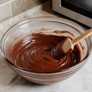 Melted chocolate and peanut butter in a bowl