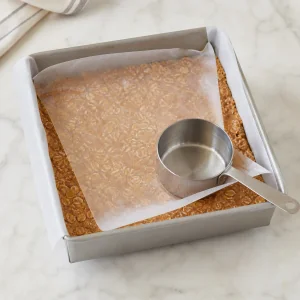 Oat mixture being pressed into a lined pan