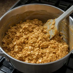 Oats coated in warm peanut butter mixture
