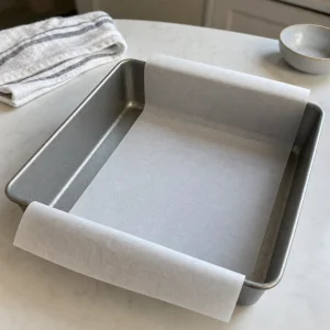 Square baking pan lined with parchment paper