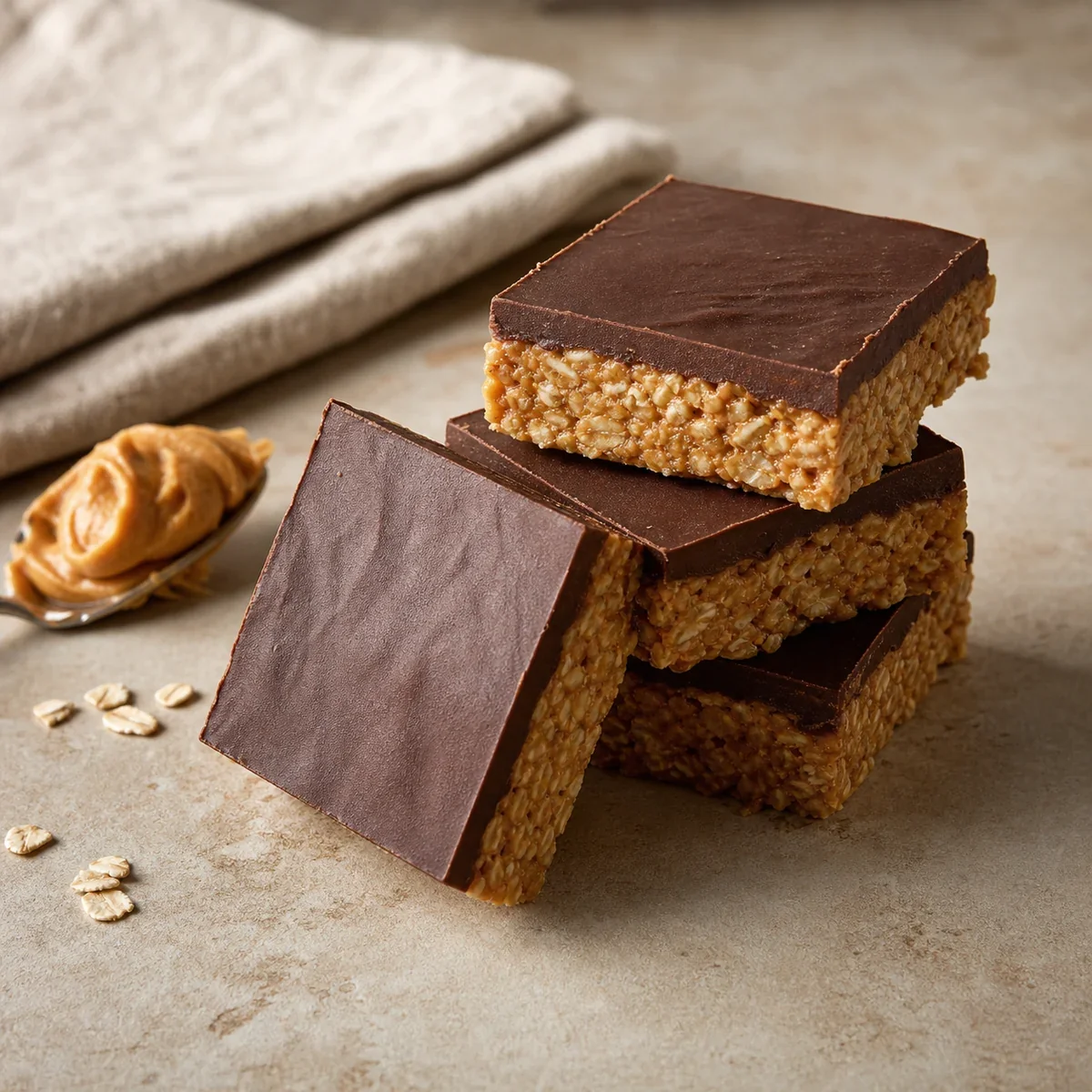 Stacked chocolate peanut butter oat bars on a stone surface