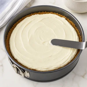 Ripieno di cheesecake steso liscio sulla base di cracker graham nello stampo