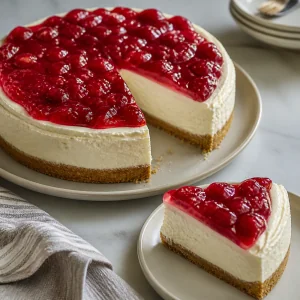 Cheesecake classique Woolworth sans cuisson fini avec croute graham et nappage rouge brillant aux fruits