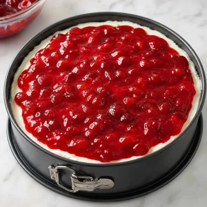 Confettura rossa lucida spalmata uniformemente sulla superficie della cheesecake