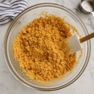 Briciole di cracker graham mescolate con burro fuso e zucchero fino a consistenza sabbiosa umida