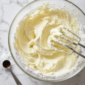 Zucchero a velo e vaniglia montati nel formaggio cremoso fino a massa soffice