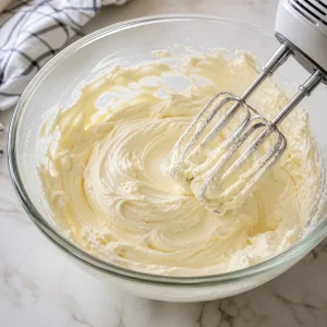 Formaggio cremoso ammorbidito montato in una ciotola fino a liscio e cremoso