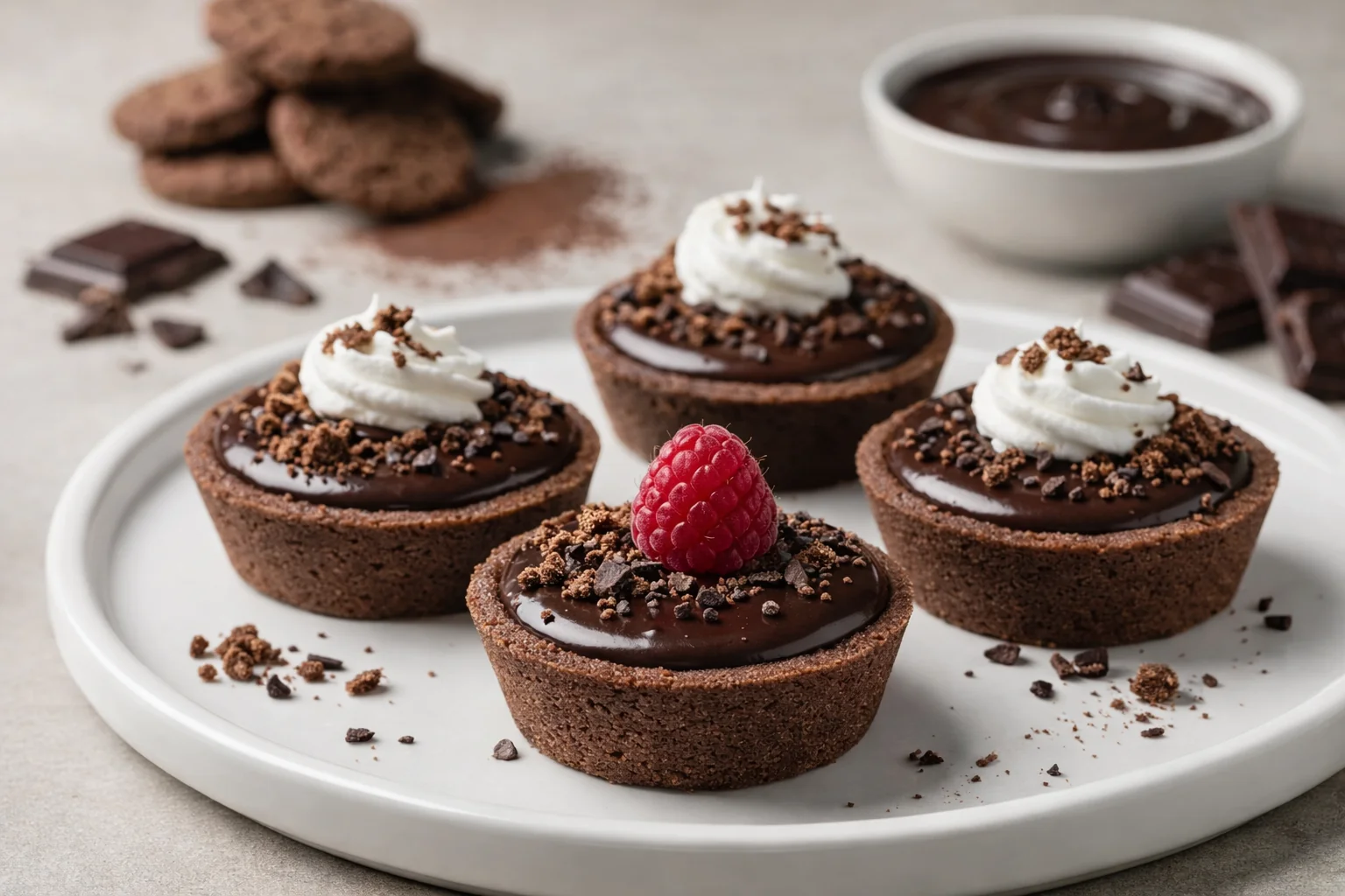 No-Bake Cookie Cacao Tartlets with Sea Salt Drizzle