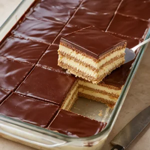 Gekühlter Eclair-Kuchen in saubere Quadrate geschnitten
