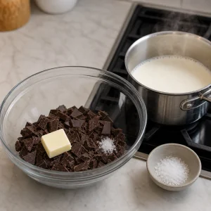 Gehackte Schokolade und heiße Sahne für Ganache