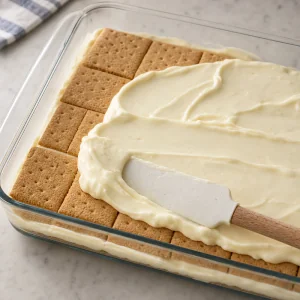 Zweite Crackerschicht mit Vanillefüllung bedeckt
