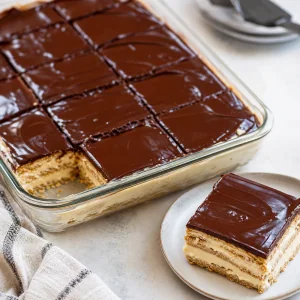 Geschnittener Eclair-Kuchen ohne Backen mit Schokoladenganache