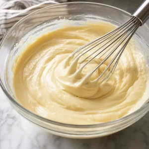 Vanillepuddingmasse wird in einer Schüssel verquirlt