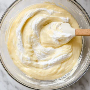 Schlagcreme wird unter Vanillepudding gehoben