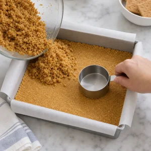 Miettes de biscuits graham au beurre pressées dans un moule chemisé pour la croûte